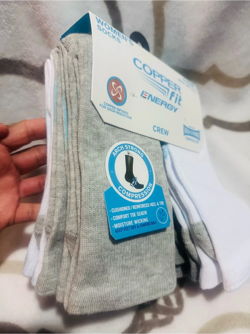 Copper Fit✨🩶🤍Energy Women's Crew Socks - White & Light Gray -6 pairs